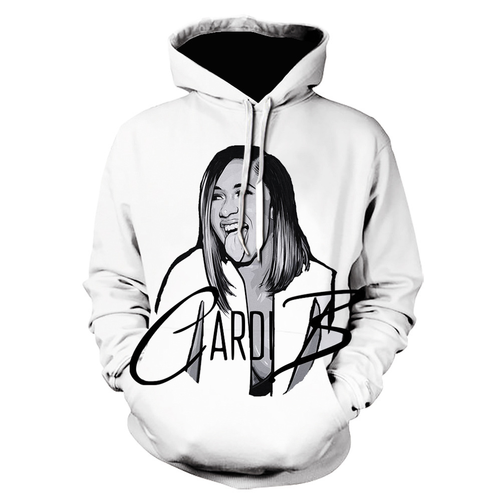 新款说唱歌手Cardi B 卡迪B欧美潮流3D印花带帽卫衣情侣连帽衫