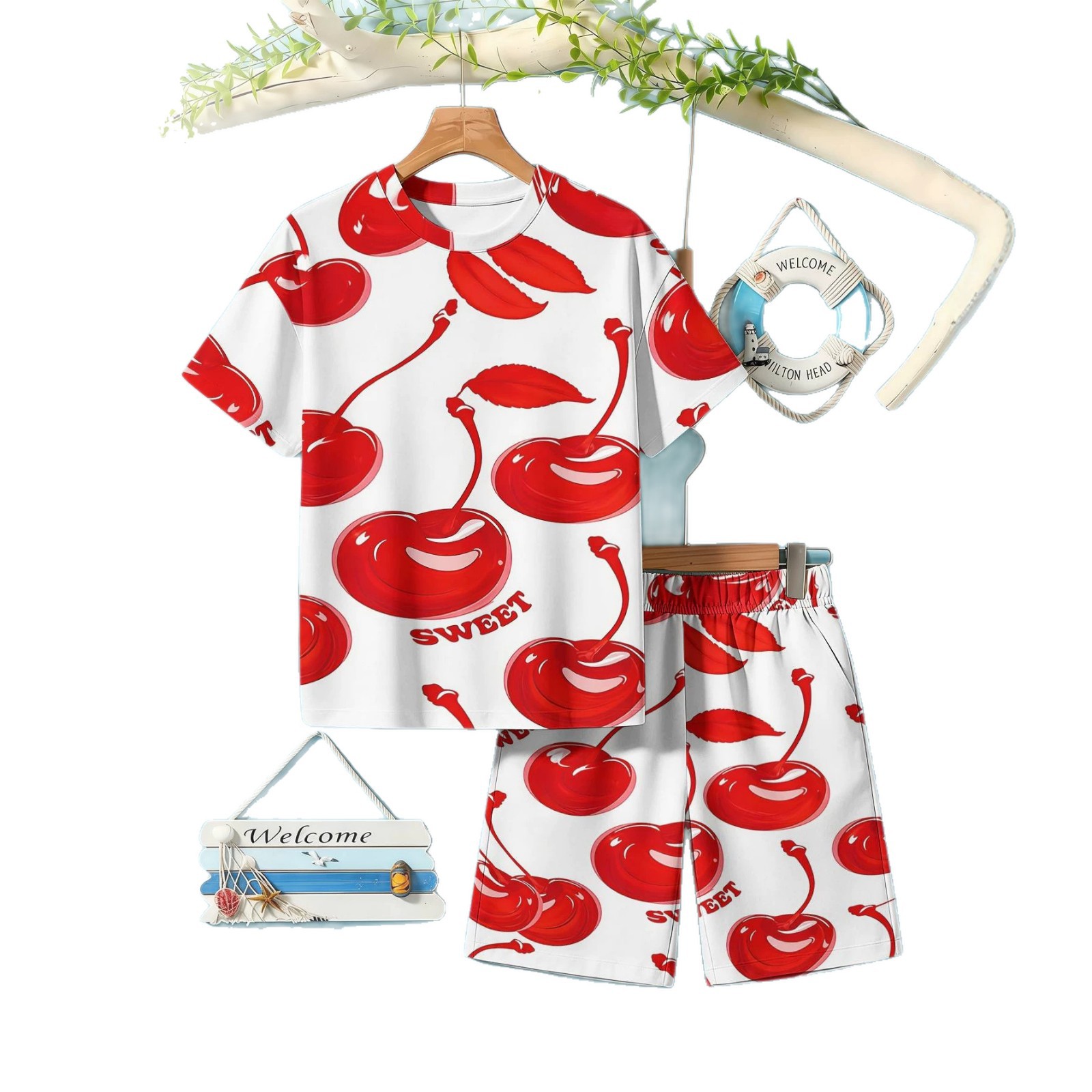 Ensemble deux pièces pour garçon, imprimé cerises 3D, manches courtes et short, collection été 2026_voghion.com