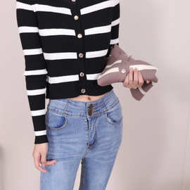 包芯纱#实拍春秋季开衫针织衫条纹t恤秋冬内搭长袖洋气毛衣女短款