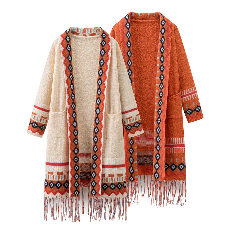 00Hm-2953 Retro Contrasting Color Long Knitted Cardigan 2025 Autum New Resort Style Seaside Long-Sleeved Loose