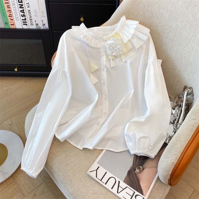 2025 Early Spring New Arrival Hand-made Flower Multi-layer Rake Fungus Lace Hanging Spike Lantern Sleeve Shirt for Women