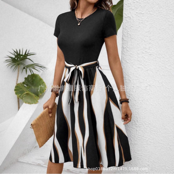 Amazon Europe and the United States cross-border foreign trade 2025 spring and summer new round neck printing fashion casual short sleeve dress