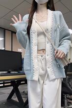 韩系蝴蝶结蕾丝边长袖针织开衫女秋冬甜美宽松中长款毛衣外套