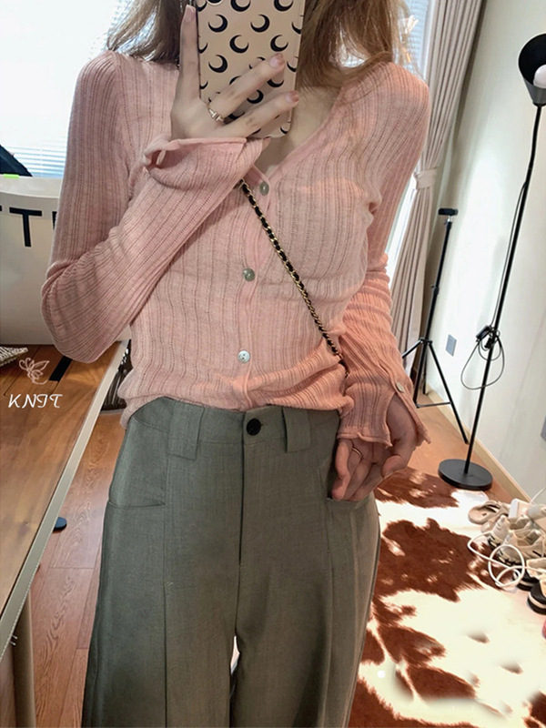 Pink V-neck Knitted Cardigan Women's Design Sense Niche Base Long-sleeved Slim-fit Slimming Early Spring chic Top