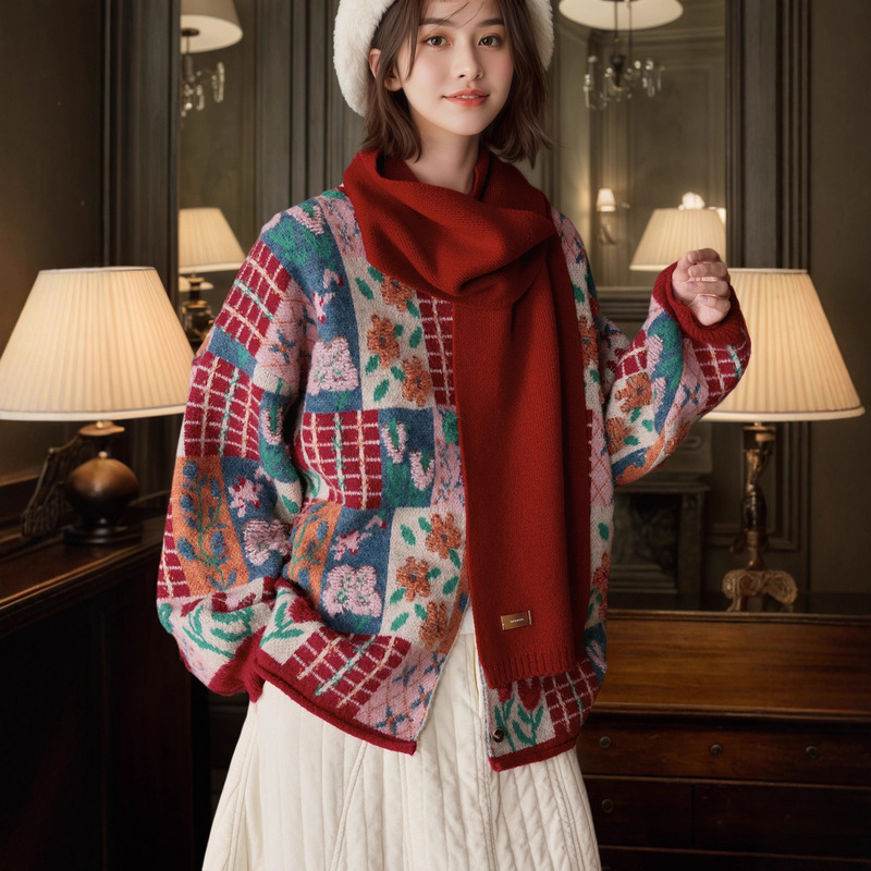 Christmas Ethnic Style Heavy Knitted Cardigan Sweater Women's Towel Embroidered Flower Round Neck Jacket Women's 2025 New Style