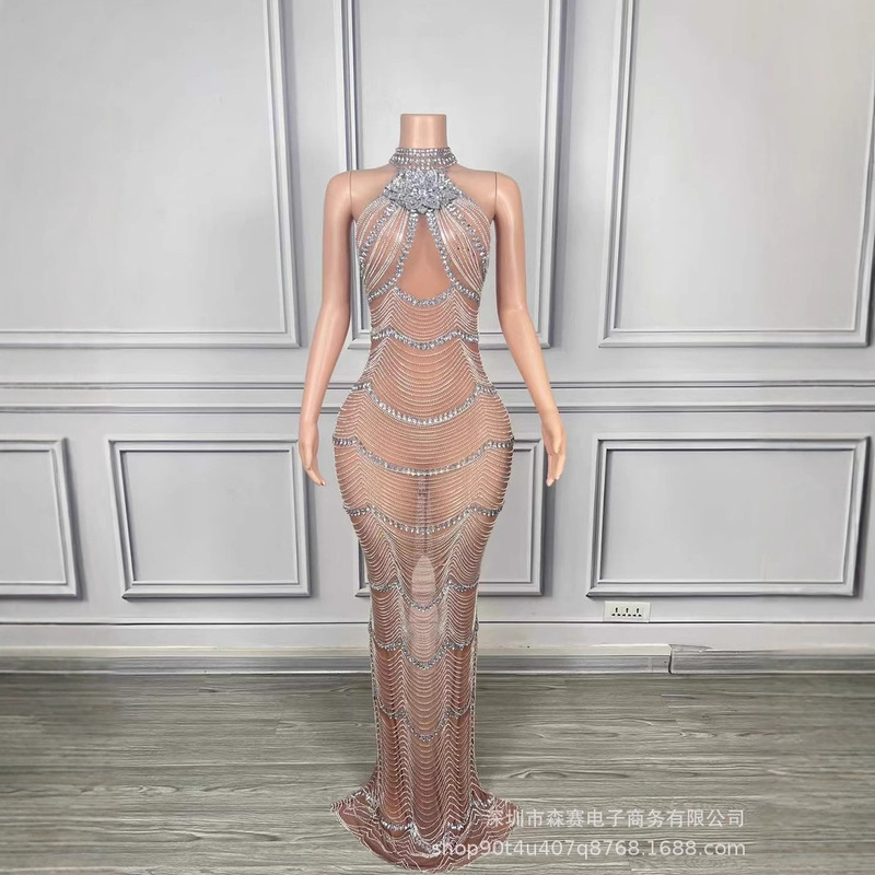 High-end socialite heavy industry chain waist waistcoat falling to the ground long skirt concert social evening wear miss universe beauty pageant