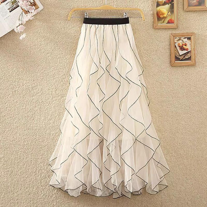 New Wave Pattern Fairy Mesh Skirt plus size Ruffled Skirt High Waist A- Line Large Swing Mid-Length Skirt Women's Skirt
