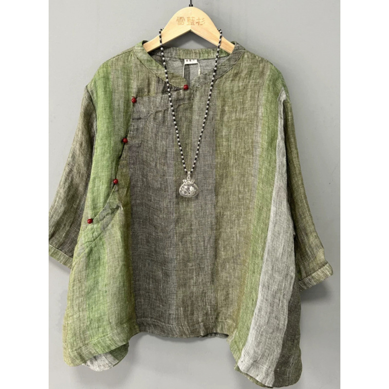 Women's Summer Loose-Fitting Large-Size Retro Chinese Style Washed Gradient Babydoll Shirt with Diagonal Collar Women's Summer Loose-Fitting Large-Size Retro Chinese Style Washed Gradient Babydoll Shirt with Diagonal Collar