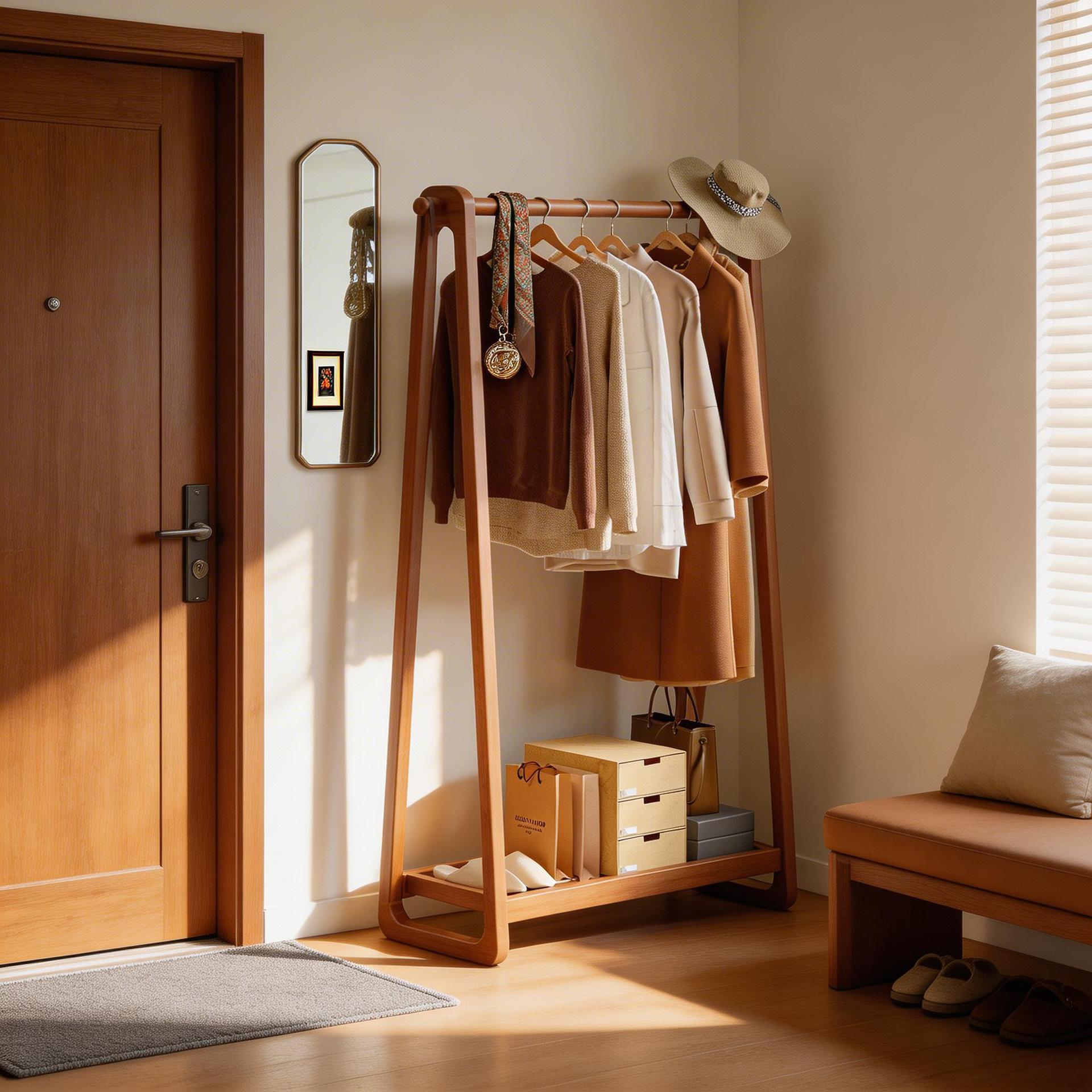 Solid Wood Coat Rack, Bedroom Floor-Standing Clothes Rack, Small Household Space-Saving Bag Rack, Hat Display Rack