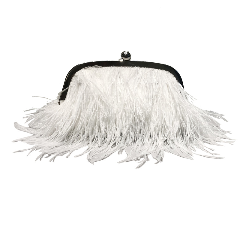 Truthahnfeder Perlenkette Umhängetasche Schultertasche Damen Straußenfell Umhängetasche Kleid pelzige Damentasche_voghion.com