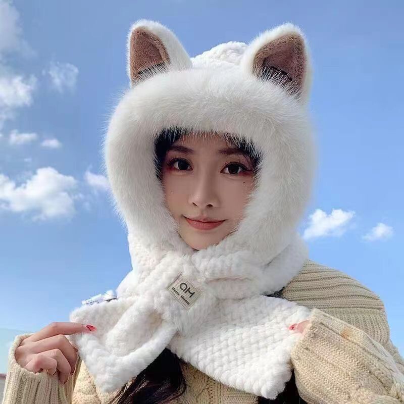 冬のかわいいキツネ耳ぬいぐるみ耳保護帽子、ネックスカーフ、オールインワン暖かい帽子、多用途の顔見せの小さな秋冬帽子|undefined