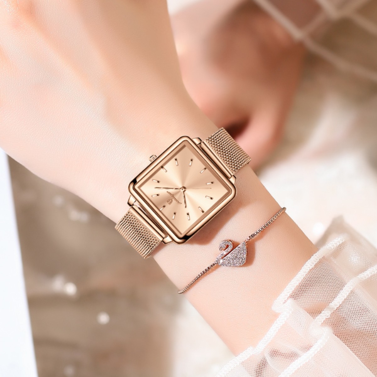 POEDAGAR / Pequeño reloj cuadrado de la marca Pequeño reloj cuadrado de la mujer reloj de cuarzo ligero reloj de tendencia reloj de pulsera de comercio exterior en vivo reloj image 4