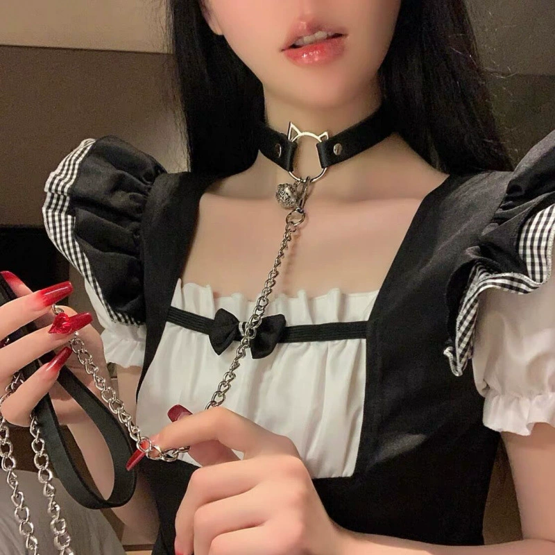 Кошачий колокольчик ошейник Женская шея с цепной шеей choker Check Кожаное шейный кольцо ожерелье
