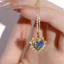 新款欧泊镶钻爱心吊坠项链女时尚欧美复古潮流设计感仿宝石锁骨链