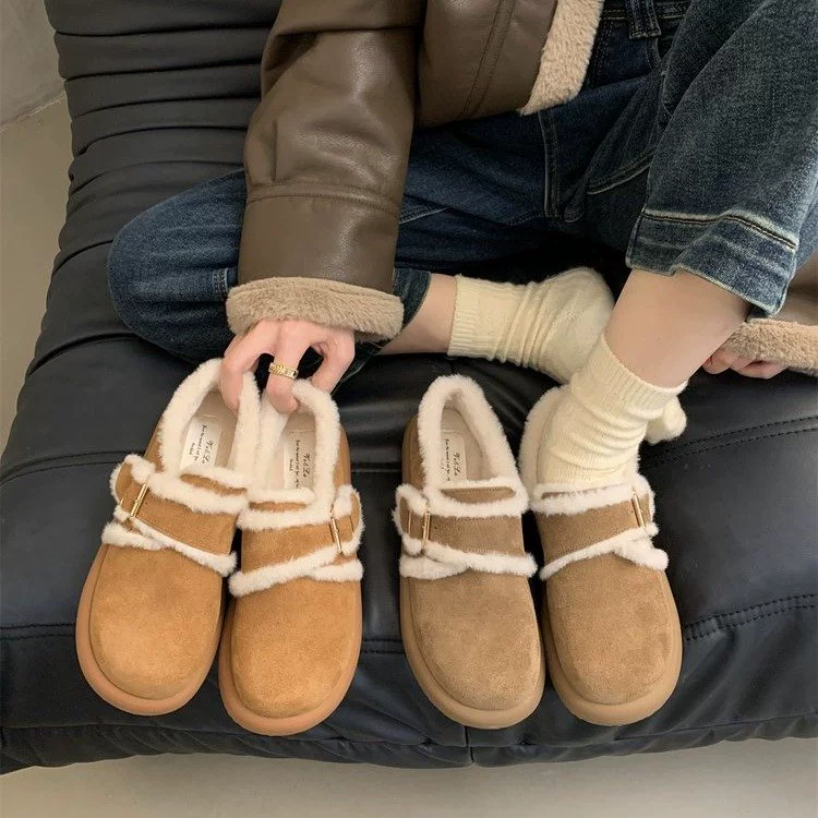 Ретро стиль толстая подошва женская бархатная обувь Bucken 2024 осенняя зимняя снежная обувь толстая хлопчатобумажная обувь женская обувь носить шерстяные туфли