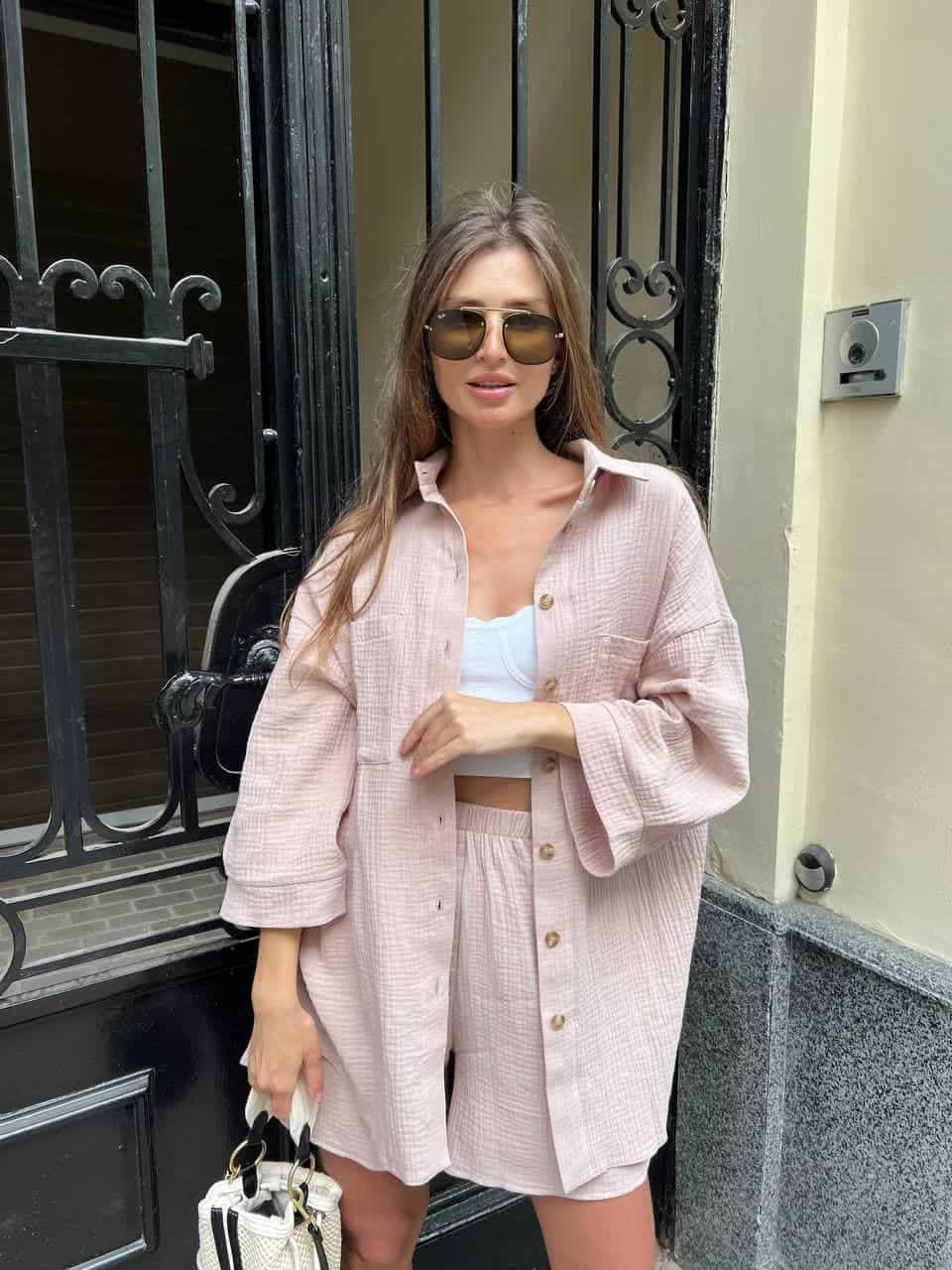 Casual Button-Up Cardigan & Shorts Set – Breathable Polyester Lounge-to-Street Outfit (S-XL, 4 Fresh Colors, Euro-US Minimalist Comfort)_ecoleips.com