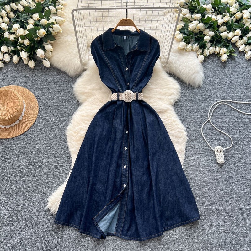 Summer women's dress 2025 new Korean fashion lapel sleeveless single-breasted waist Denim shirt long skirt