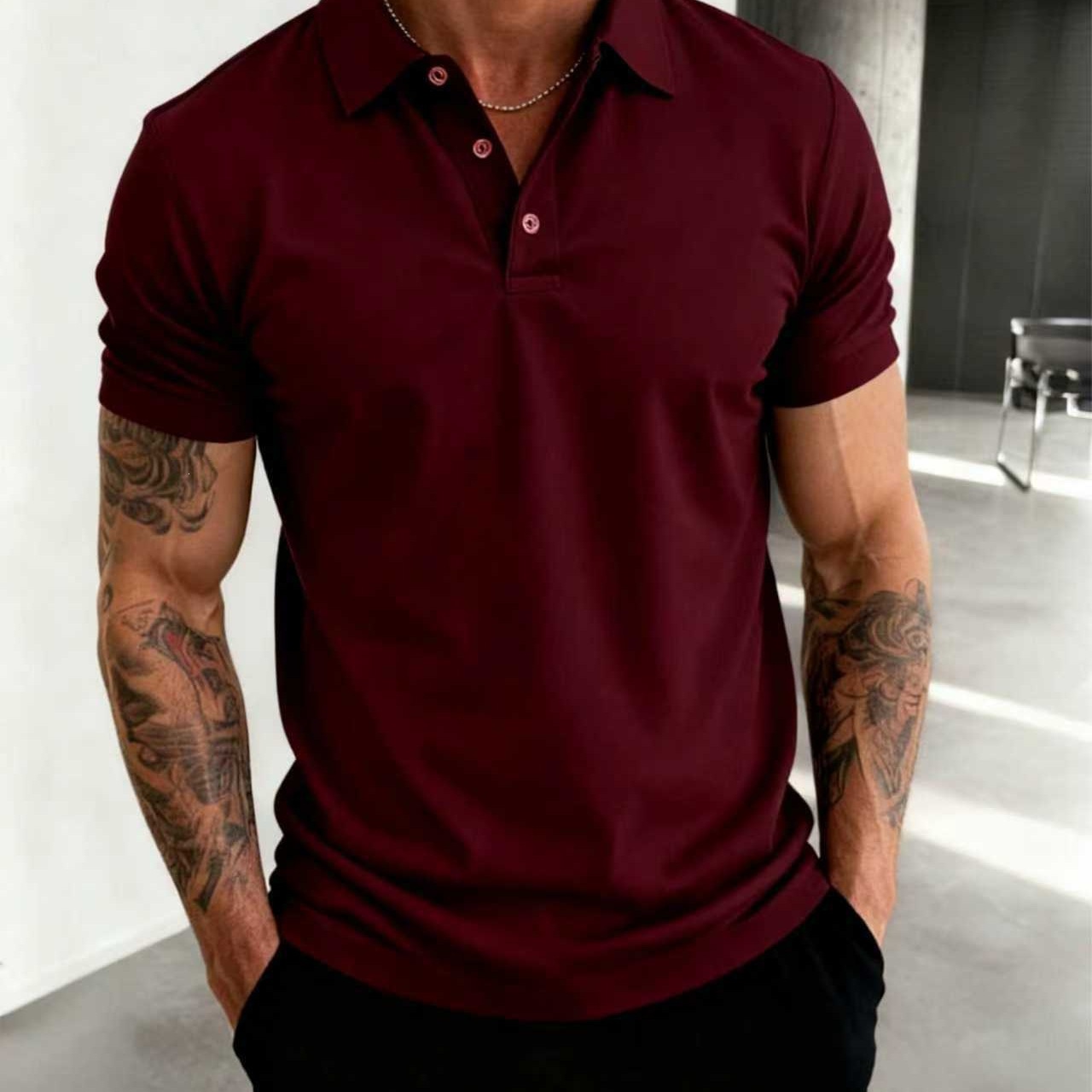 Men's Summer Short Sleeve Polo Shirt Solid Color Loose Fit Plus Size New_viptrois.com
