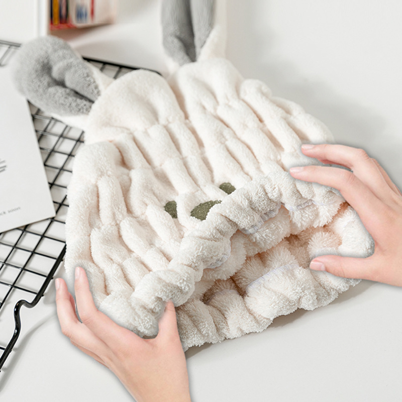 Cartoon coral velvet weft knitted cloth cartoon dry hair cap quick-drying rabbit ears water-absorbent children's thickened shower cap manufacturer wholesale