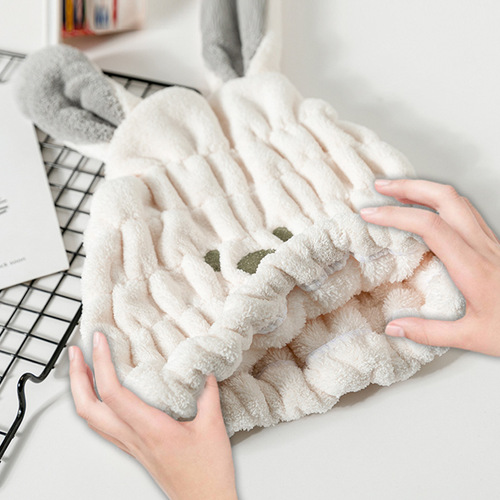 Cartoon coral velvet weft knitted cloth cartoon dry hair cap quick-drying rabbit ears water-absorbent children's thickened shower cap manufacturer wholesale