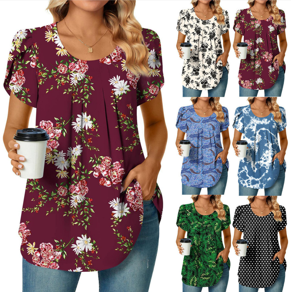 2023 New Summer Style European and American Style Round Neck Printed Pleated Short-Sleeved T-Shirt Women's Casual Loose Breathable Top