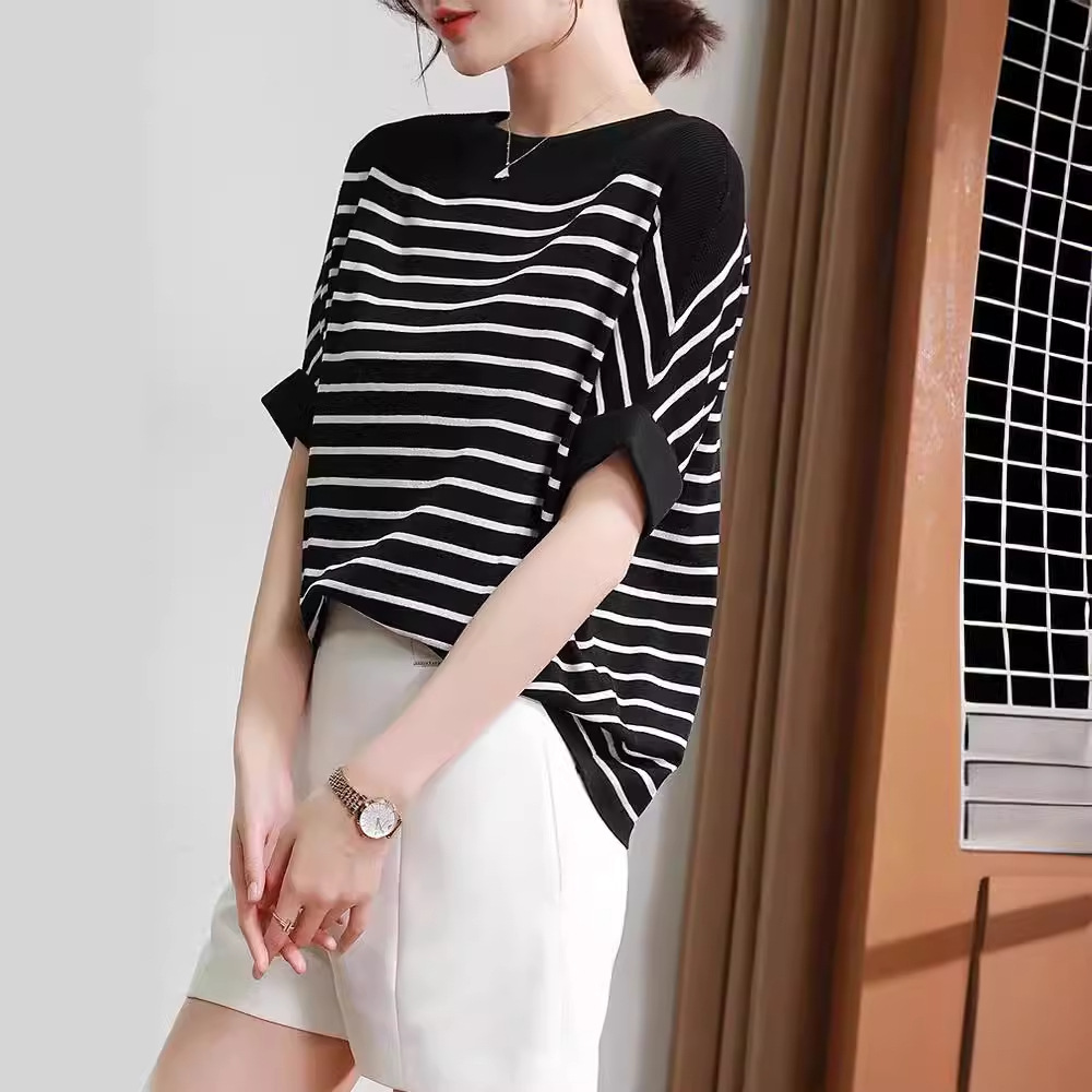 2026 Summer Ice Silk Short-Sleeved Top Loose Thin Striped Pullover Knit Shirt T-Shirt with One-Line Collar Half-Sleeved Shirt for Women