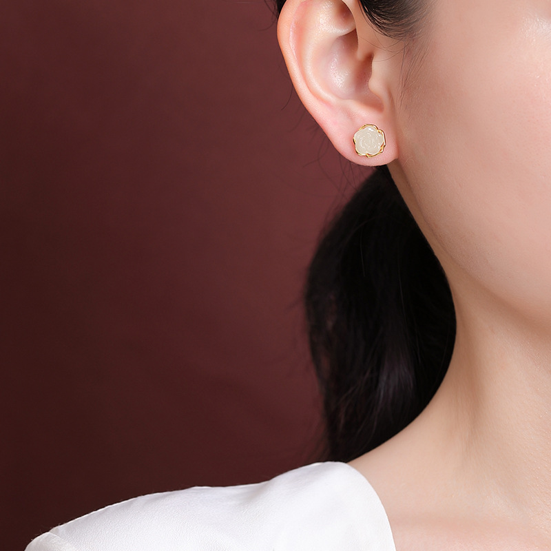 Bông tai hoa hồng rỗng mạ vàng bạc S925 chạm khắc tinh xảo — Một cặp