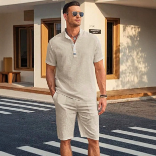 Cross-border New 2024 Summer European and American Amazon Independent Station Thin Men's Stand Collar Solid Color Half-placket Shirt