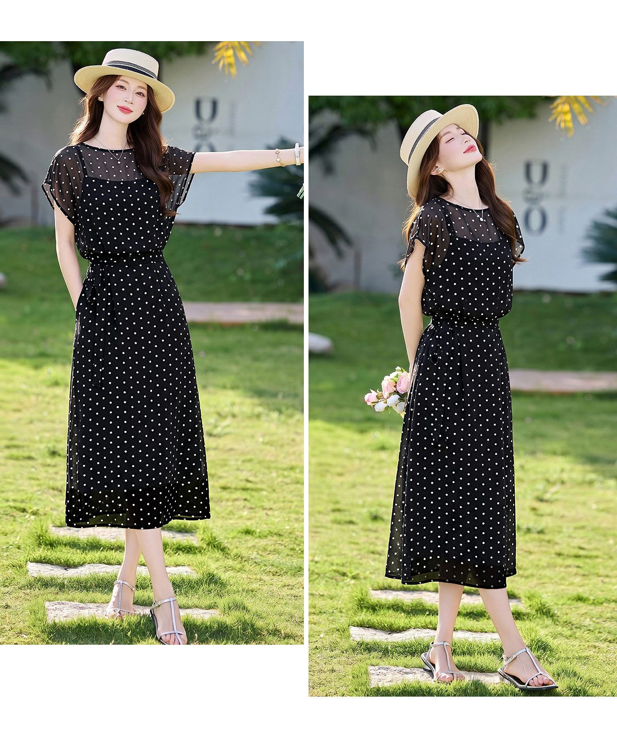 Đầm chữ A eo thắt dây tay ngắn cổ điển dáng midi — màu đen, Điểm sóng chi tiết 22