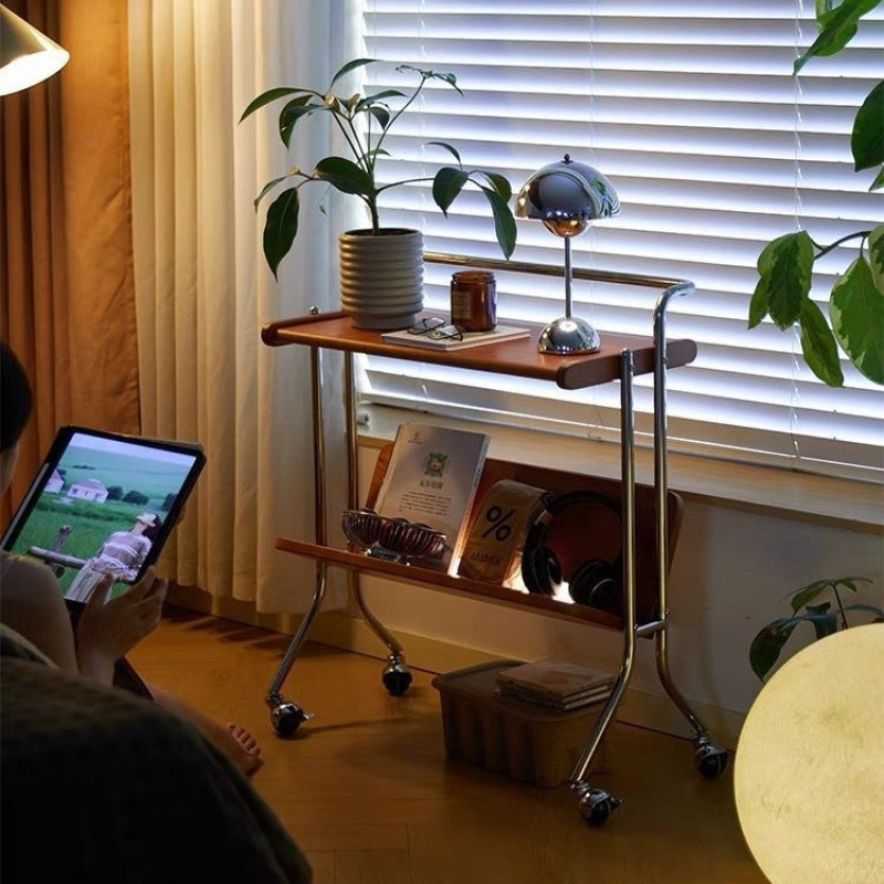 Second-Hand Movable Trolley Sofa Side Table Living Room Retro Solid Wood Coffee Table Magazine Bookshelf Bedside Storage Shelf