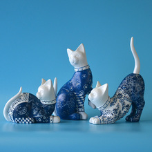 創意樹脂工藝品擺件女生生日禮物青花瓷小貓咪可愛擺件咖啡廳擺件