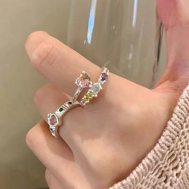 甜酷风粉钻爱心戒指女夏轻奢小众设计感指环精致开口可调节食指戒|undefined