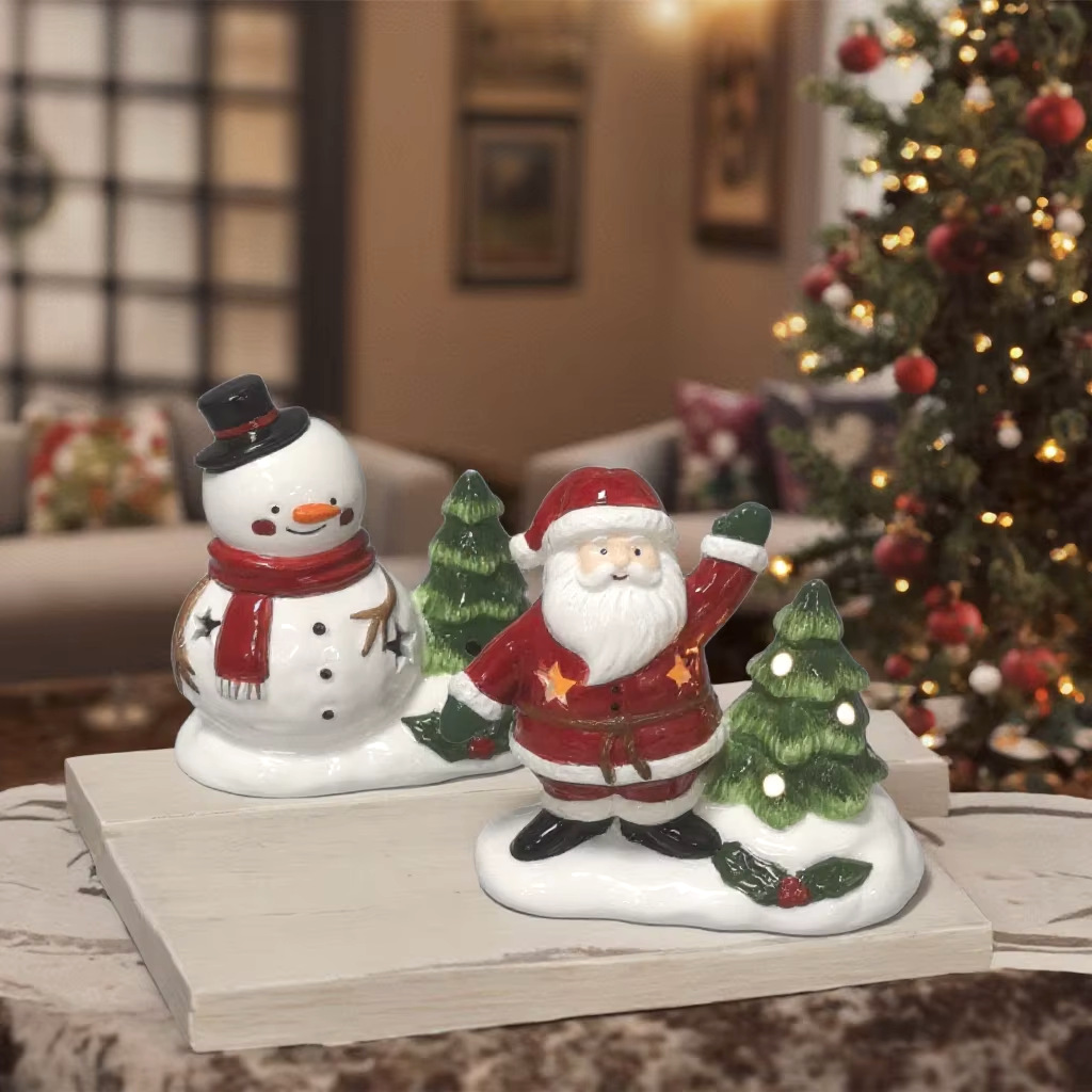 Decoración navideña Papá Noel Muñeco de nieve Hombre de jengibre Cerámica Luz electrónica Decoración pequeña Escena Decoración Accesorios Navidad
