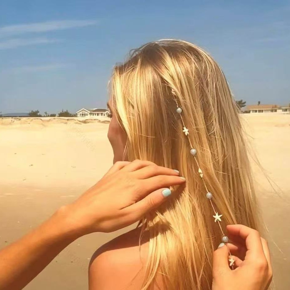 Bohemian seaside vacation starfish braided hair chain, light blue beaded hair rope, tassel braid hair accessory wholesale