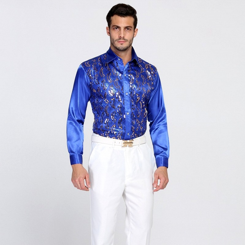 Comercio exterior transfronterizo Camisa de lentejuelas de los hombres traje de rendimiento coro adulto traje de escenario danza rendimiento camisa de manga larga