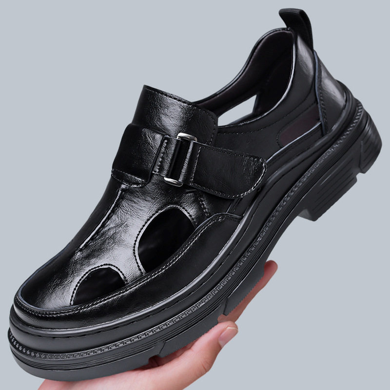 Dép sandal nam mũi rộng thoáng khí khóa dán phong cách Hàn Quốc — Màu nâu, màu đen