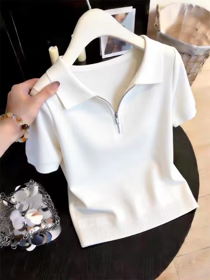 Áo thun polo nữ thiết kế dây kéo phong cách trẻ trung — trắng