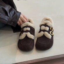羊毛版~美拉德复古绒面内增高毛毛鞋女圆头双扣带保暖加绒棉鞋子
