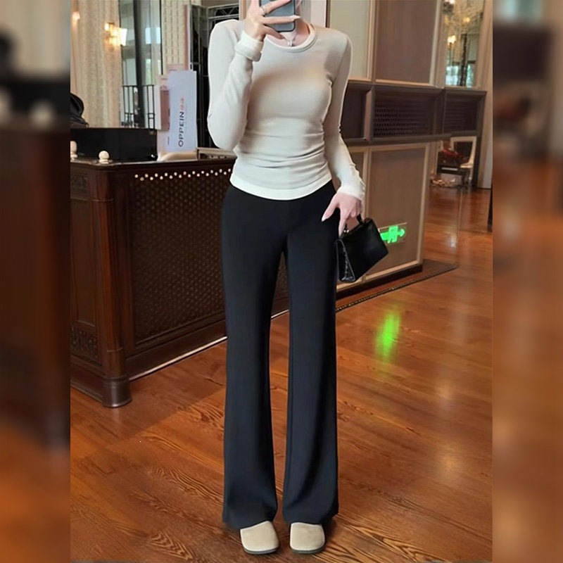 Black suit-style flared pants for women, new spring collection, high-waisted, slimming, elastic, narrow-fit, straight-leg, and flowing casual pants, suitable for petite figures