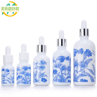 30ml white porcelain essence oil bottle printing 10-100ml dropper bottle 15ml essence blue and white porcelain glass bottle