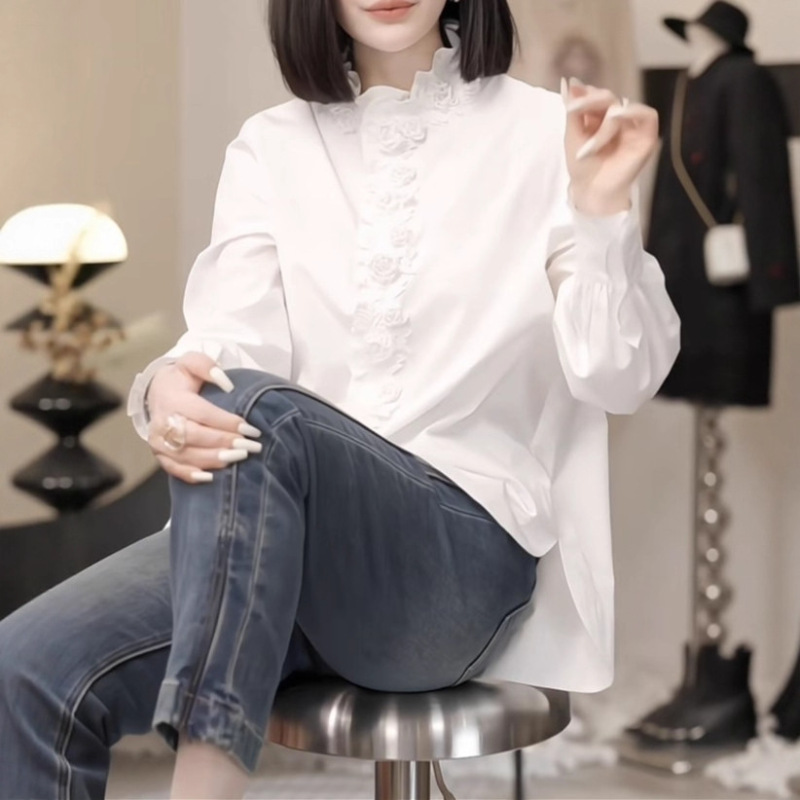 南油批发2025新款重工手工钉珠木耳边花朵棉衬衫法式减龄小衫长袖|undefined