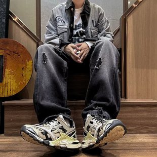 American Retro Vibe Pants Ins High Street Trendy Ripped Raw Edge Jeans Men's Design Workwear Micro-Flared Pants
