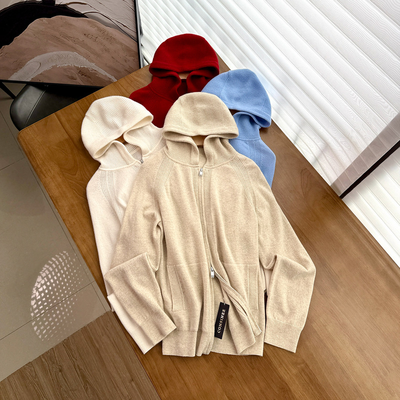 High-End L~P Consinee Cashmere and Wool Blend Early Autumn New Hooded Knit Cardigan Women's Bomber Jacket High-End L~P Consinee Cashmere and Wool Blend Early Autumn New Hooded Knit Cardigan Women's Bomber Jacket