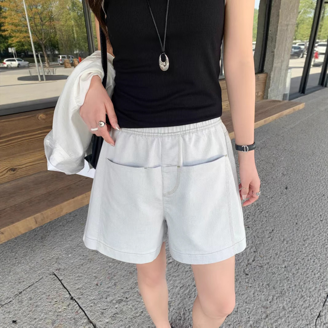 2025 Summer New Combed Cotton Denim Shorts Versatile Loose High-Waisted Casual Elastic Waist Slimming Wide-Leg A-Line Shorts