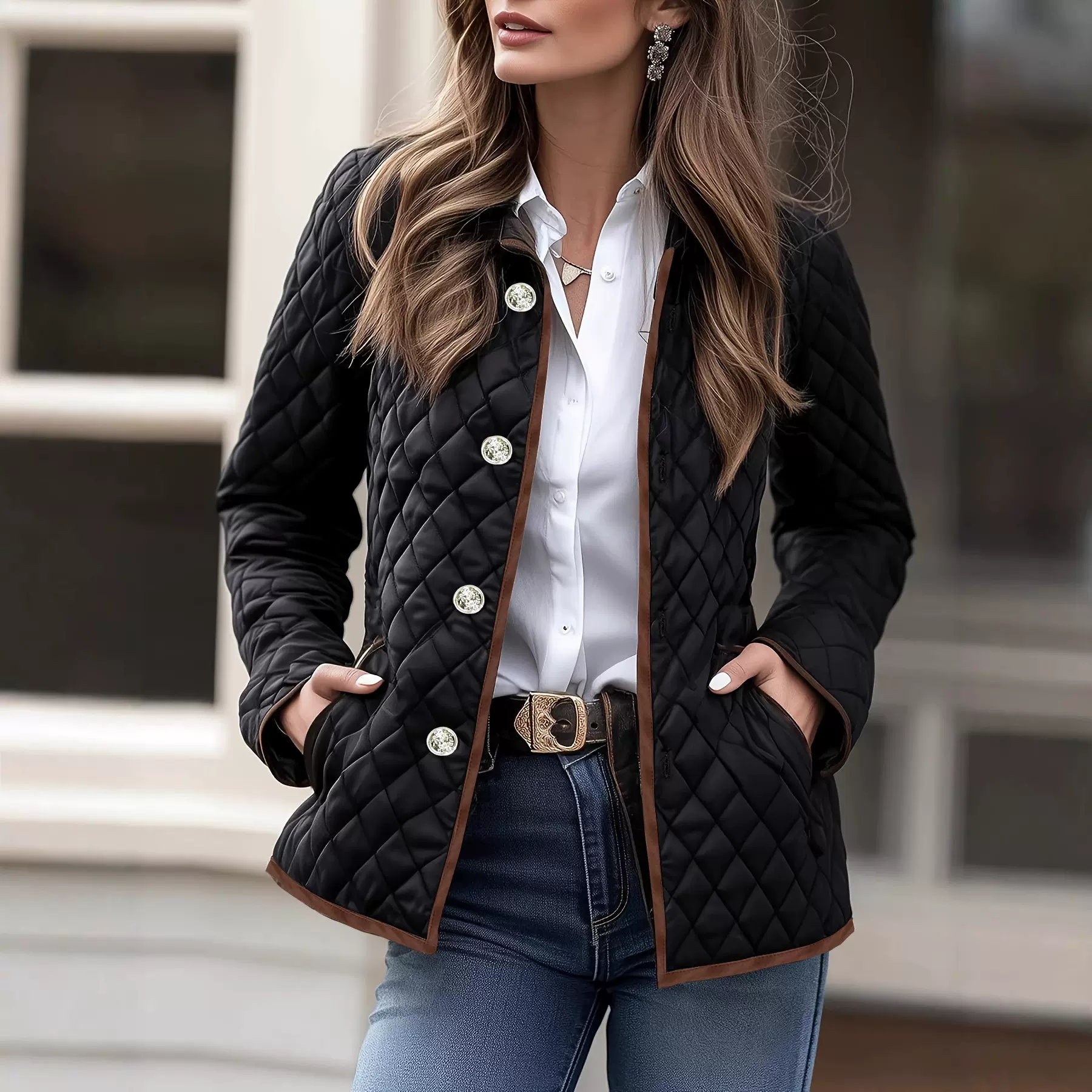 跨境外贸经典格纹菱格棉服棉衣外套女短款原装绗缝夹克外套亚马逊