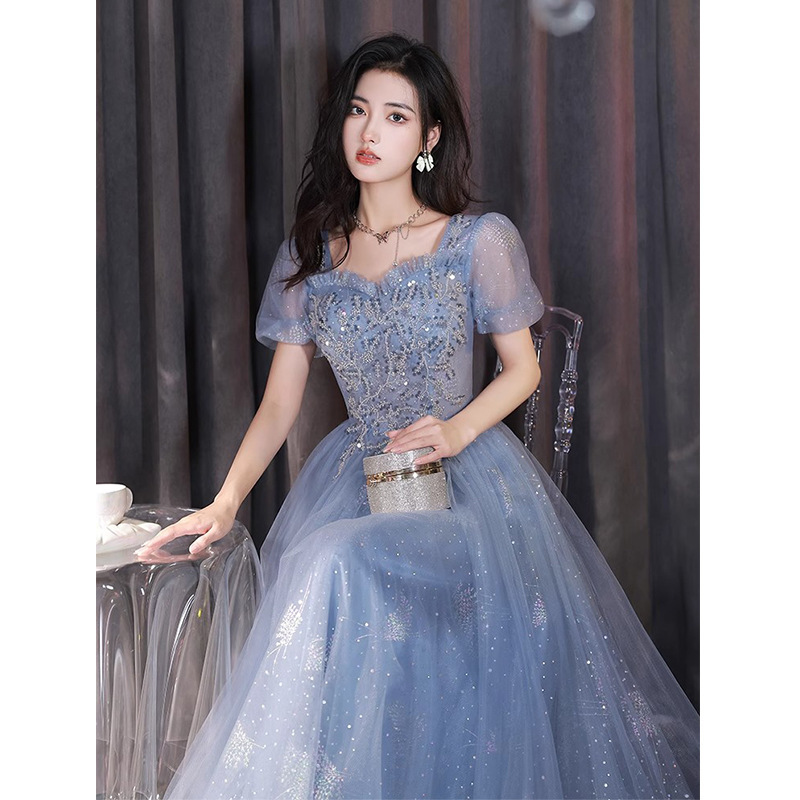 Blue Evening Dress, High-End Banquet Host Dress, Niche Long Dress, High-End Vocal Performance Exam Annual Meeting Dress