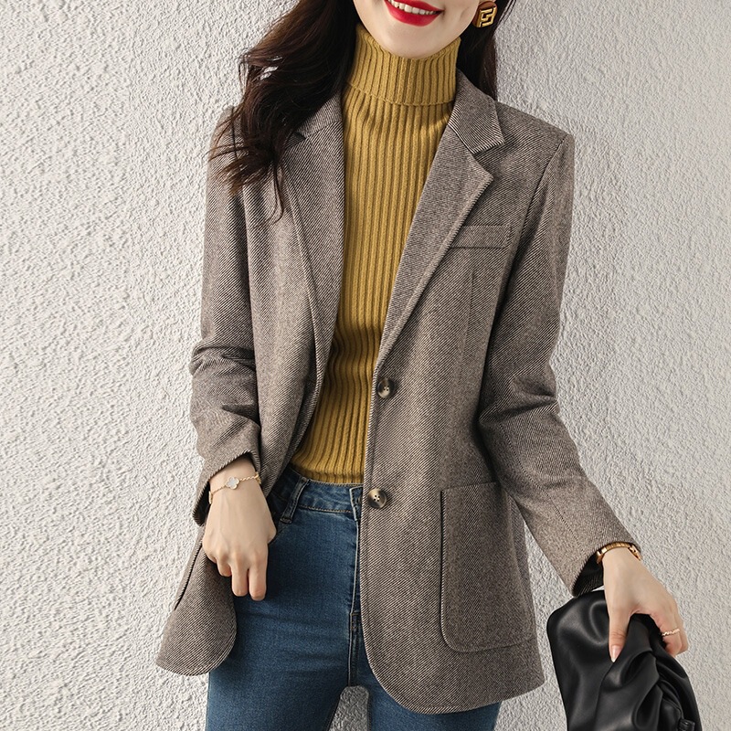 Grey Woolen Suit Jacket Women's Autumn and Winter Thickened Quilted 2022 New Winter Small Slim-fit Small Suit for Winter
