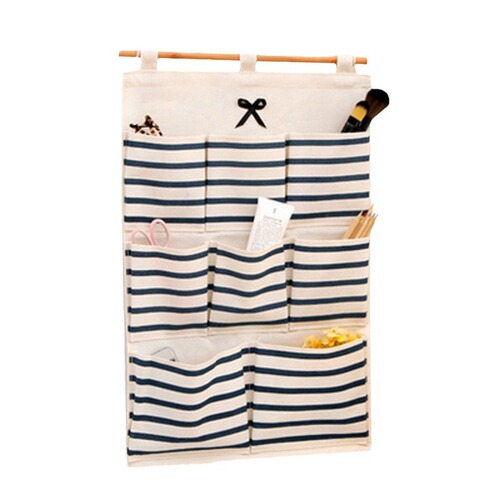 Factory Direct Sale Striped Six-Bag Eight-Bag Bowknot Storage Bag Kitchen Bathroom Wall-Mounted Cotton Linen Hanging Bag