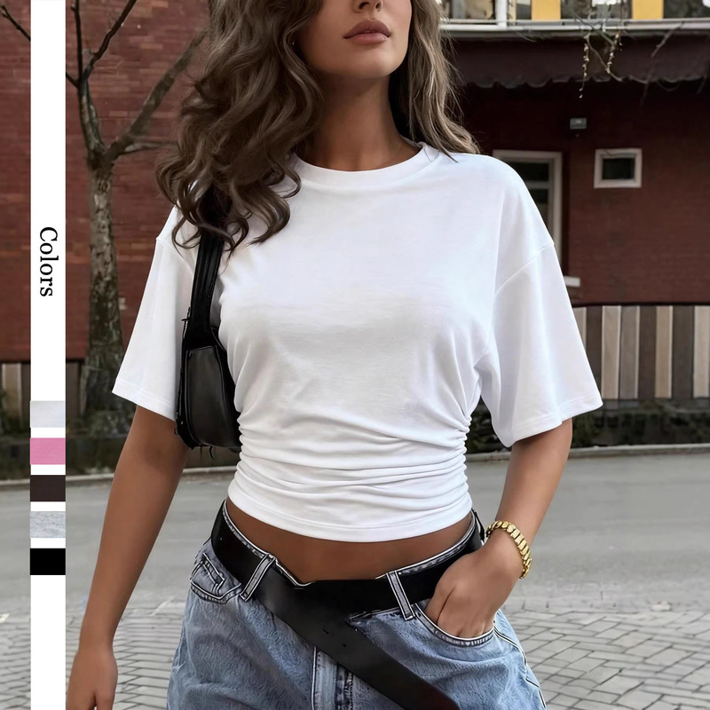 2026 European and American Cross-Border Foreign Trade Hot-Selling Amazon Women's Short-Sleeve Top Y2K Solid Color Round Neck Batwing Waist-Cinching T-Shirt