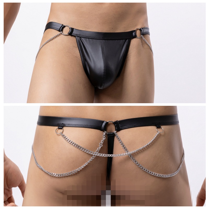 Men's patent leather thong sexy European and American underwear foreign trade temptation chain decoration